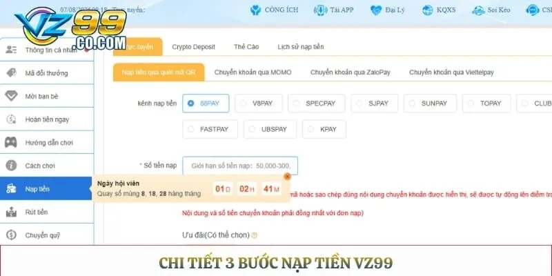 Chi tiết 3 bước nạp tiền Vz99